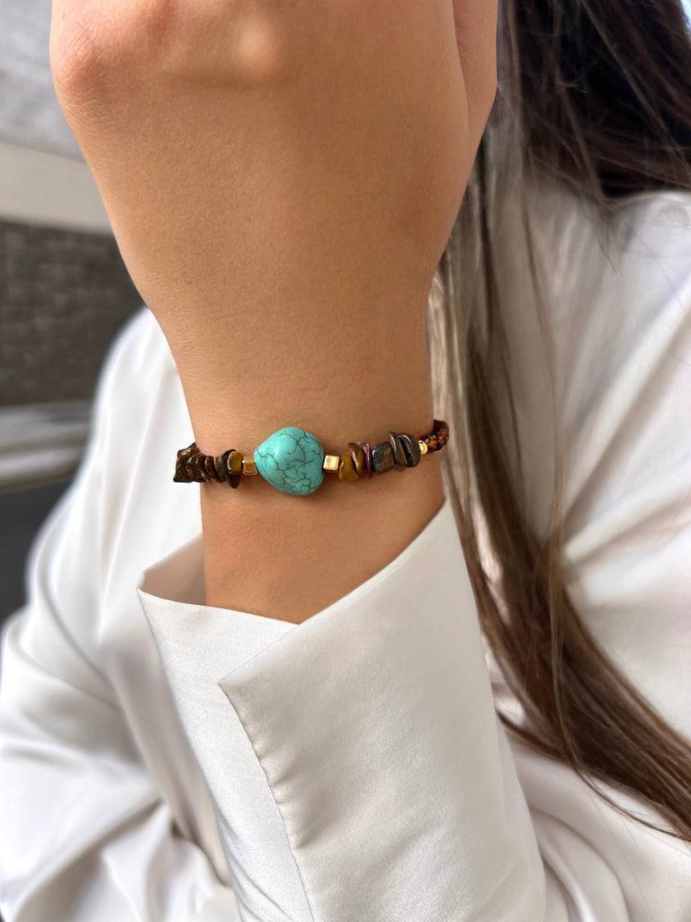 Pulseira Cascalho Marrom E Pedra Turquesa