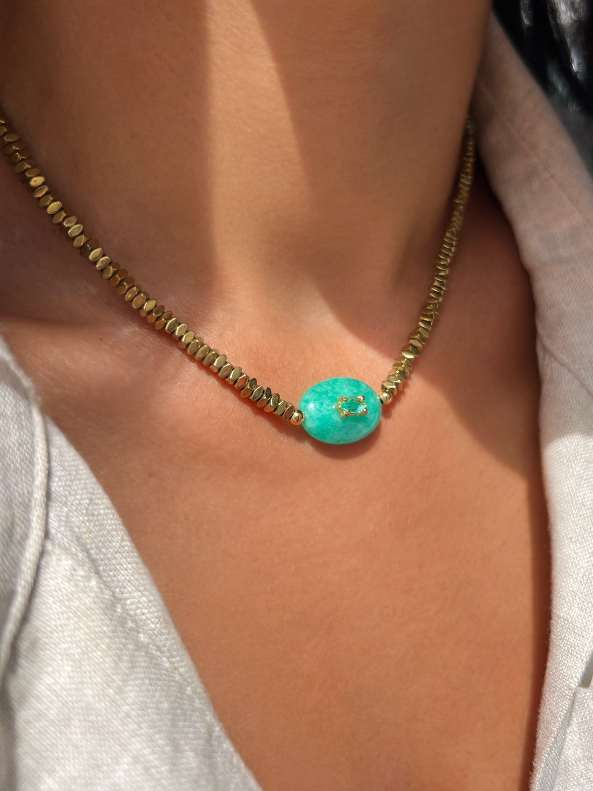 Colar Hematita Com Pedra Natural Amazonita 40cm