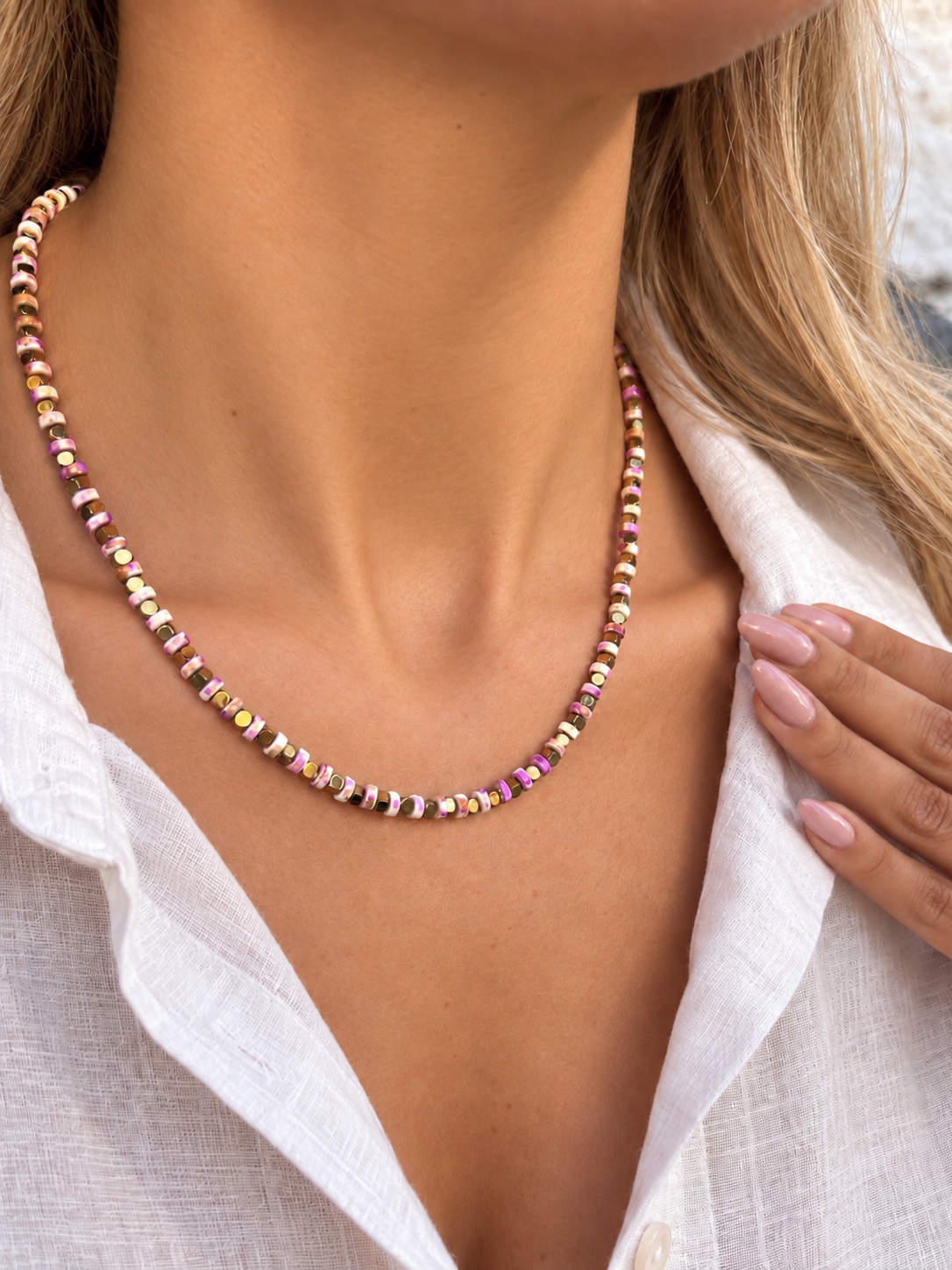 Colar Hematitas Cubos Com Disco Cor Rosa 45cm