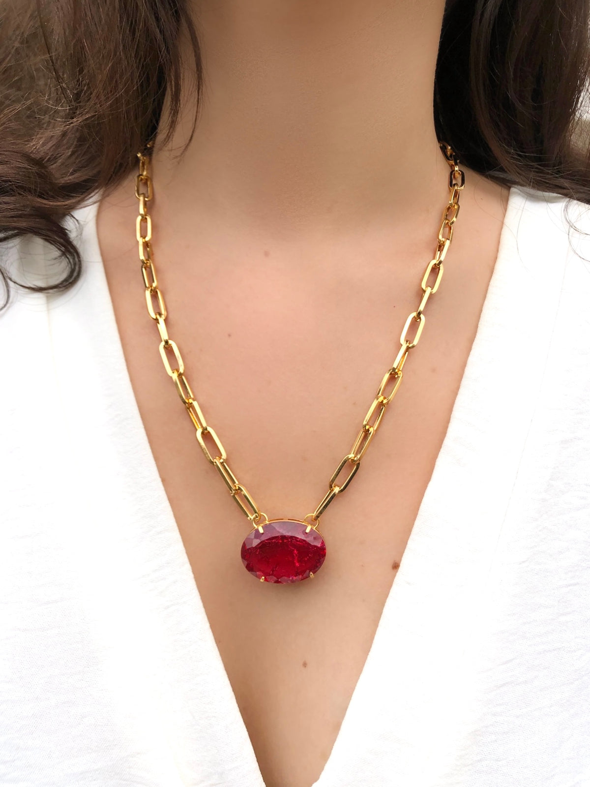 Colar Corrente Elos Média Oval Cristal Craquelado Lapidado Cor Vermelho Cherry 45cm