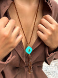 Colar Pedra Turquesa E Franja Tassel 70cm