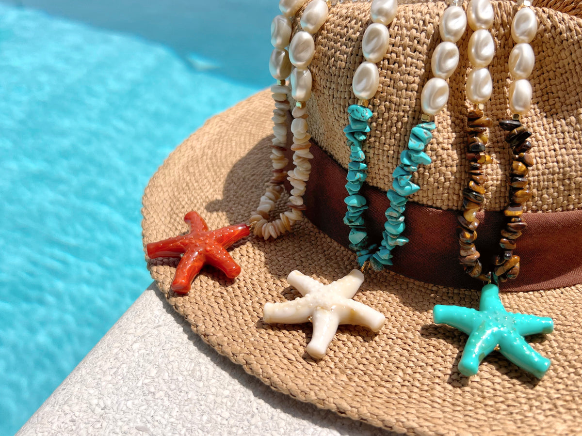 Colar Estrela Do Mar Turquesa Com Cascalhos Olho De Tigre e Pérolas Barrocas Acrílicas 45cm
