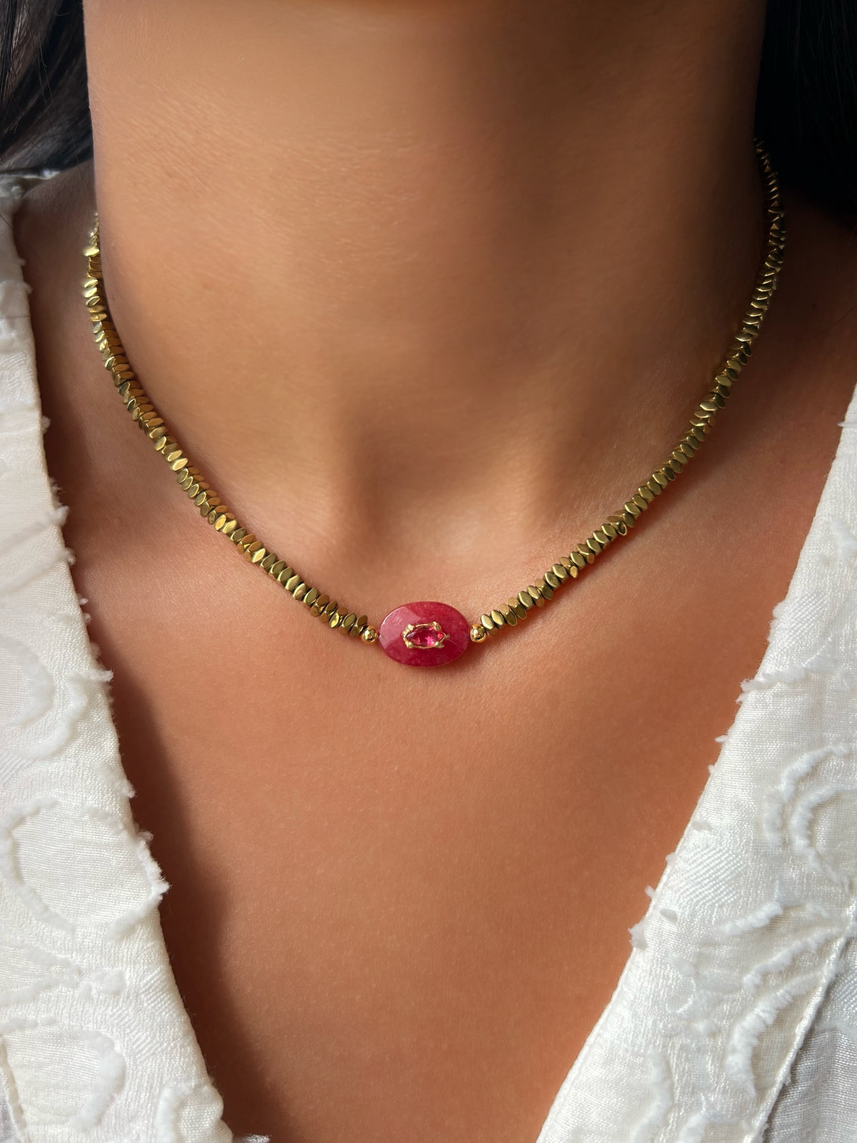 Colar Hematita Com Pedra Natural Jade Rubi 40cm