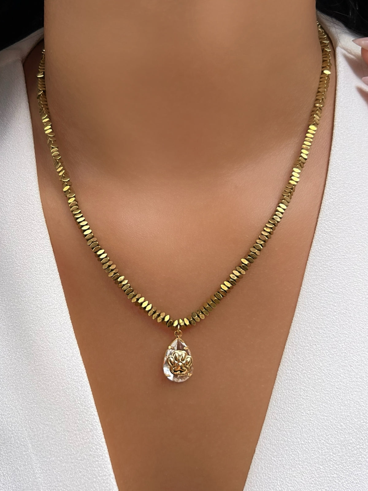 Colar Hematitas Banho Ouro Com Pin Cristal Personalizável 45cm