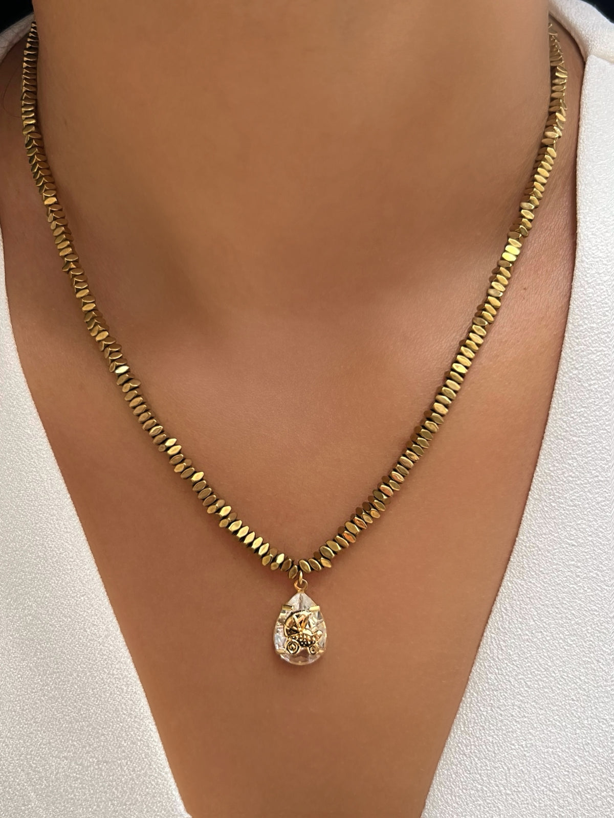 Colar Hematitas Banho Ouro Com Pin Cristal Personalizável 45cm