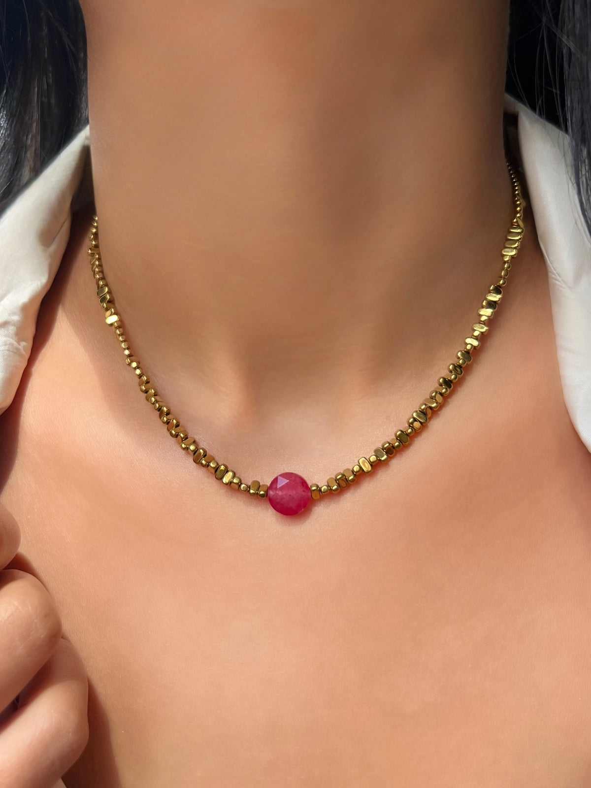 Colar Hematitas Com Pedra Facetada Jade Rubi 40cm