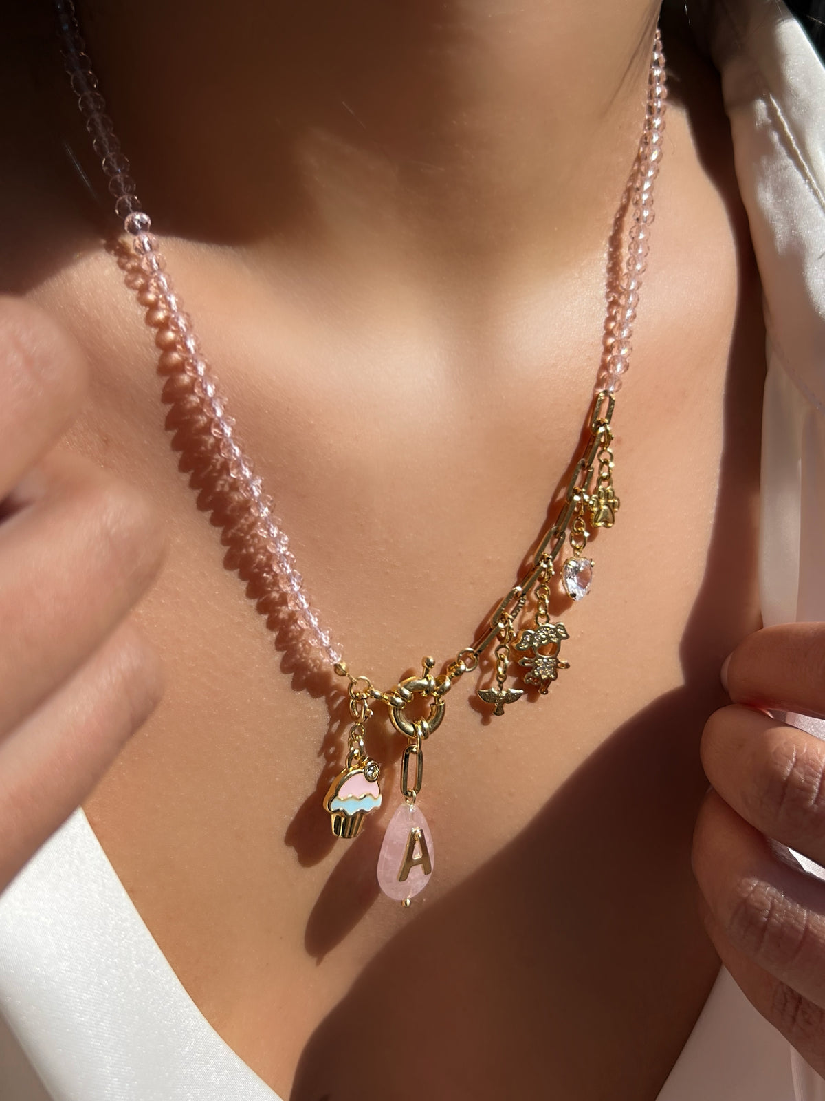 Colar Quartzo Rosa Com Pins Removíveis 50cm