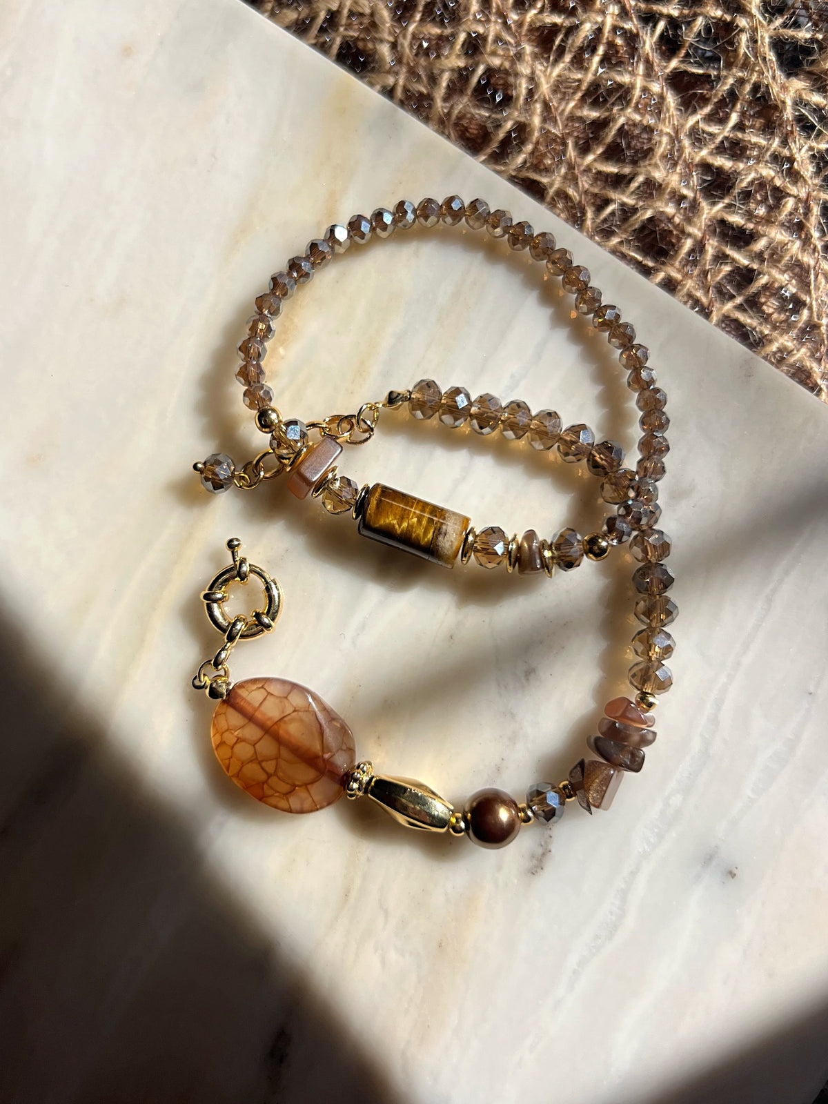 Pulseira Pedra Natural Ágata Marrom e Fecho Bóia 20cm