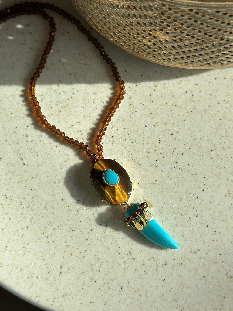 Colar Pedra Olho De Tigre Com Dente Turquesa E Gotinhas 50cm