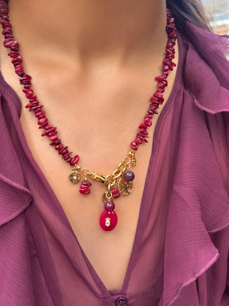 Colar Cascalho Vermelho E Pedra Natural Jade Rubi