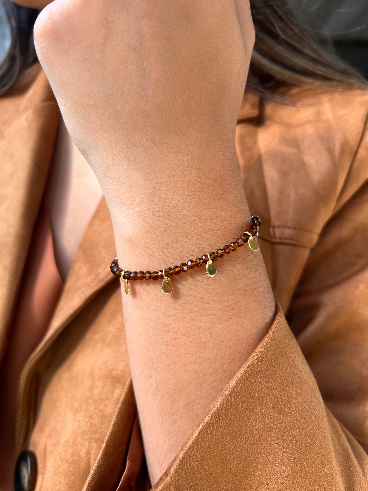 Pulseira Cristais Marrom Escuro Com Pingentes Gotinhas 18cm