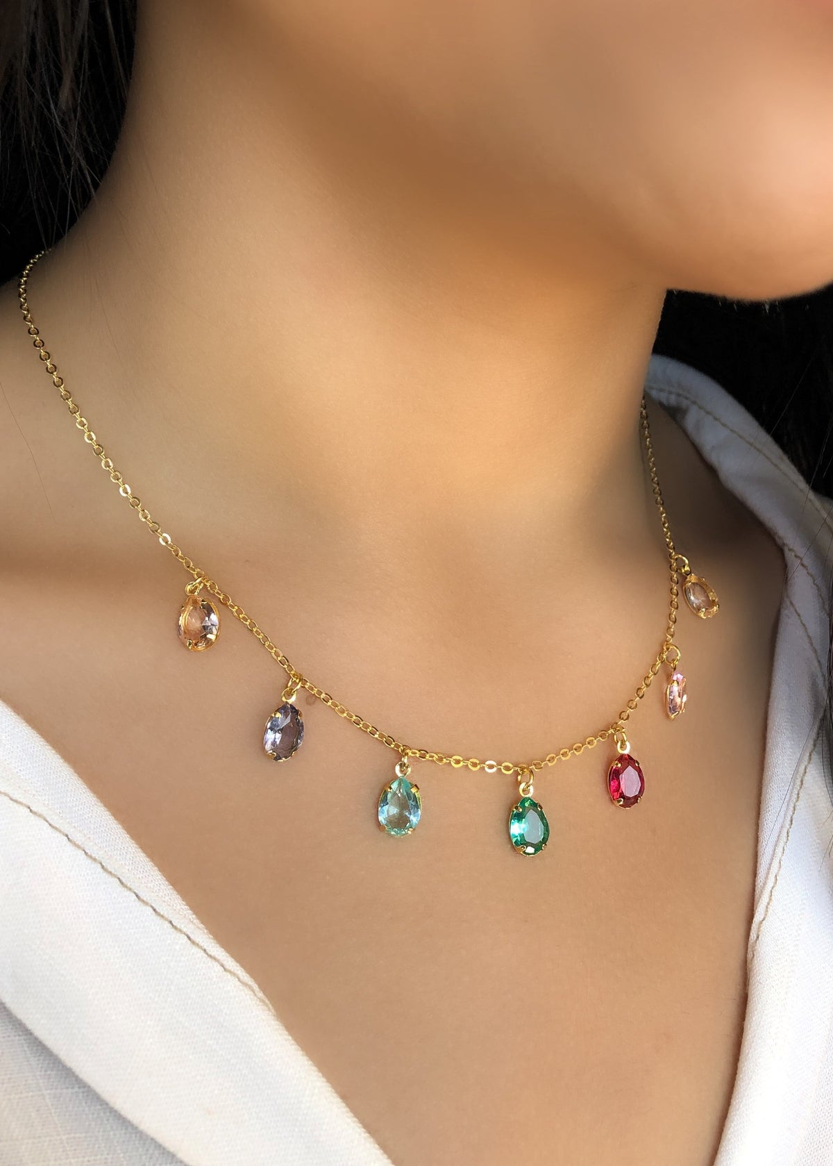 Colar Corrente Com Mini Gotas Cristais Lapidados Coloridos