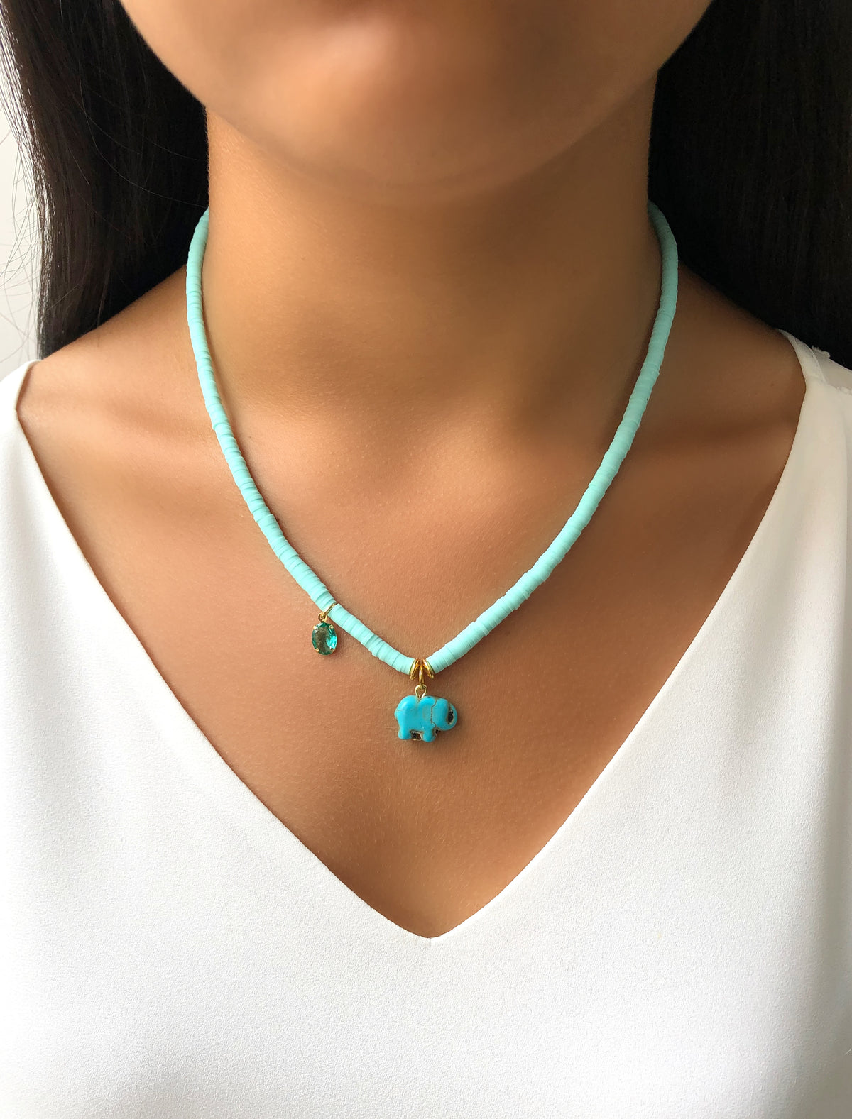ÚLTIMA PEÇA!!! Colar Discos Verde Claro Com Cristal Lapidado Turmalina Paraíba E Elefante Pedra Natural Turquesa