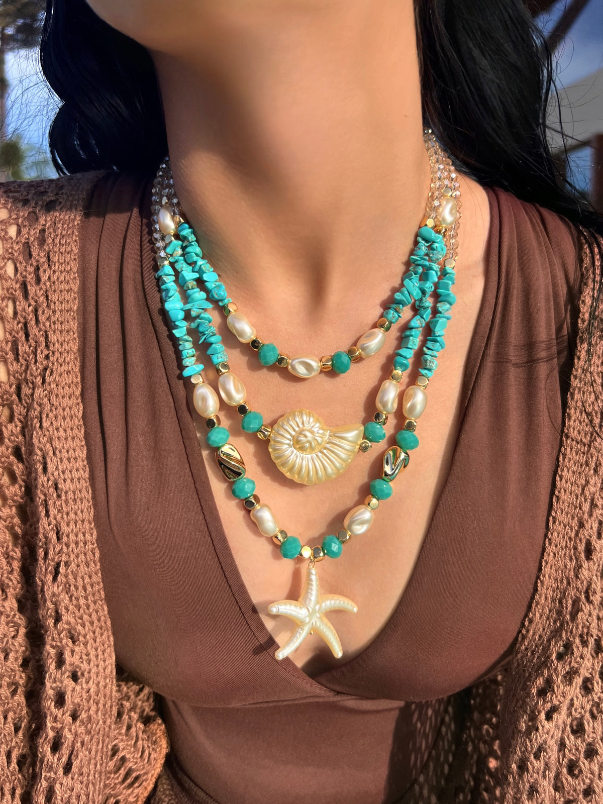 Mix De Três Colares Linha Mar Com Cascalhos Turquesa e Hematitas