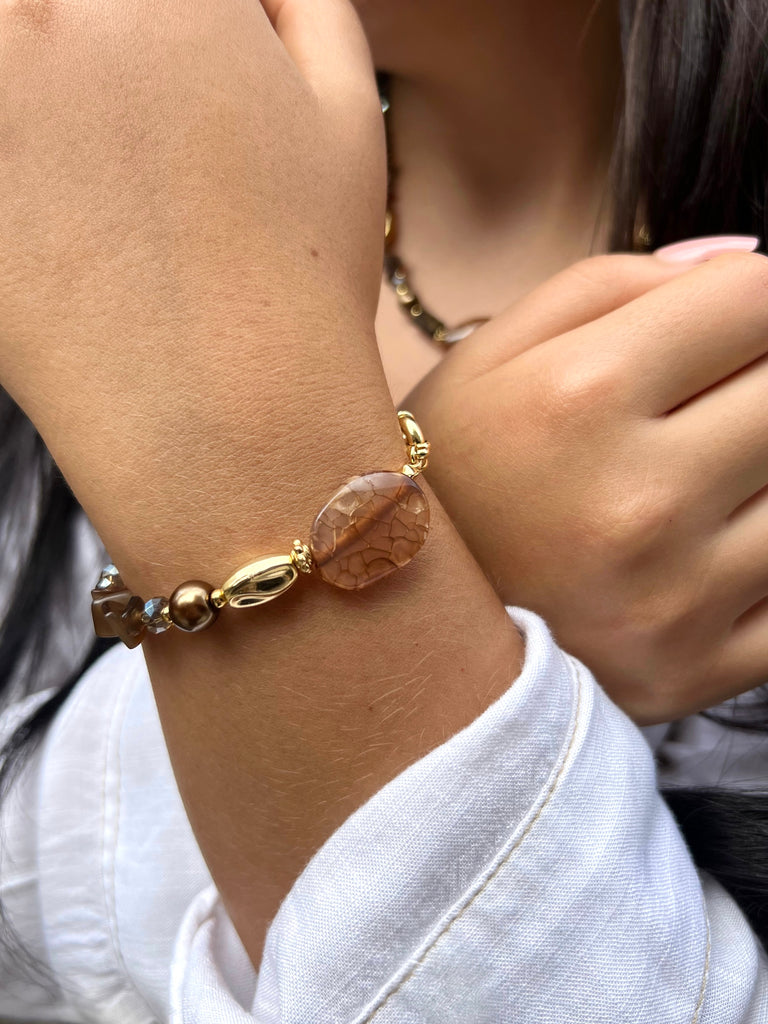 Pulseira Pedra Natural Ágata Marrom E Fecho Bóia