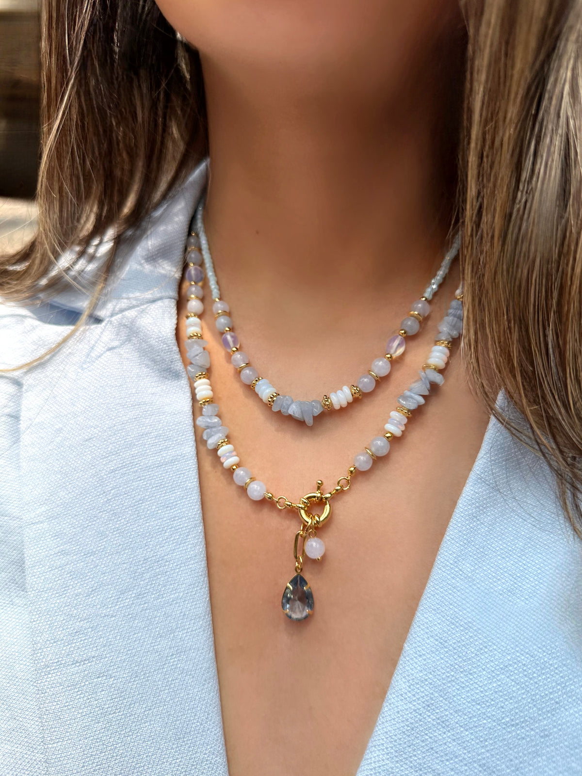 Mix De Colares Alice com Pedra Natural Jade Azul
