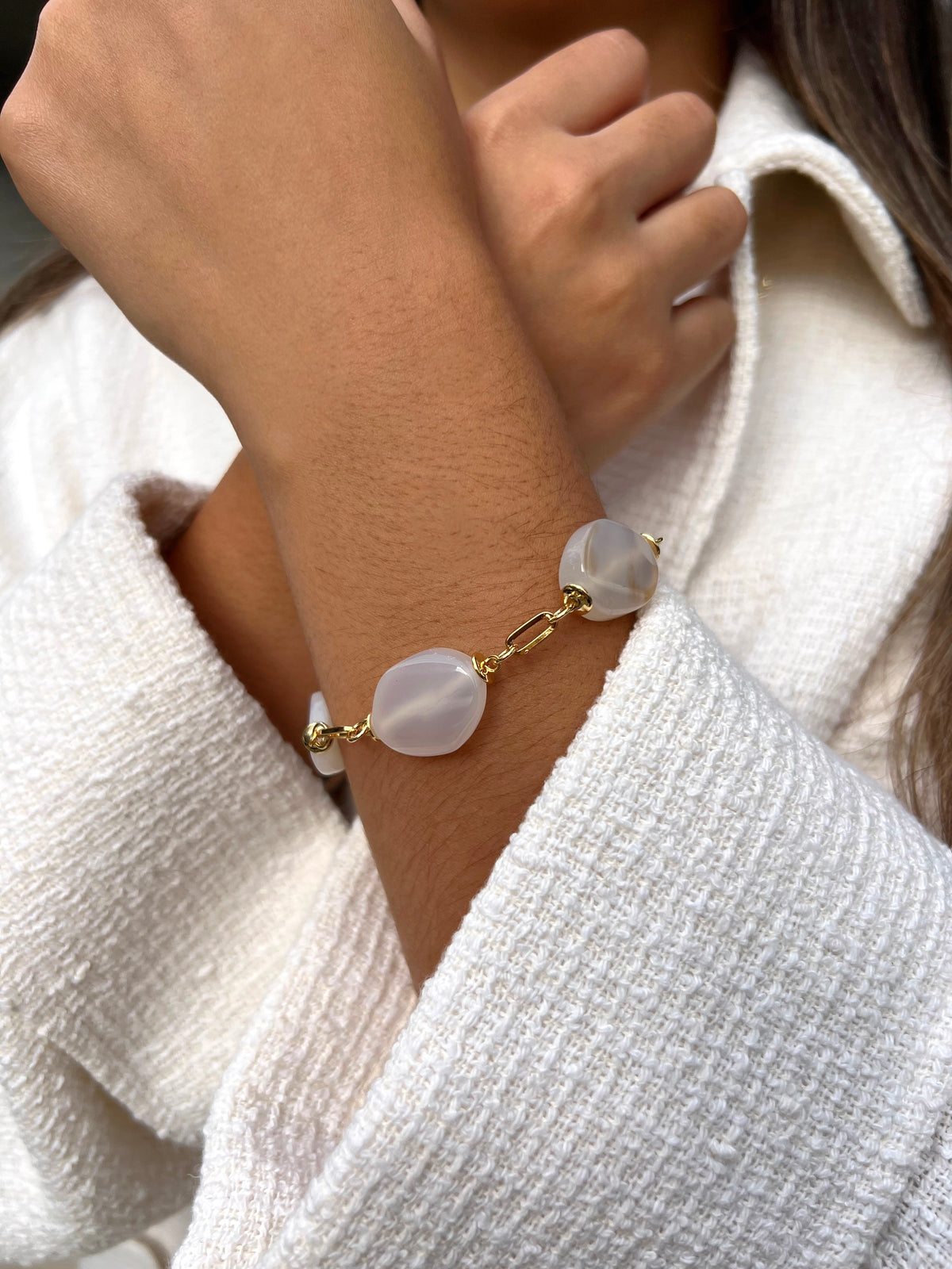 Pulseira Com Pedras Ágata Branca 19cm
