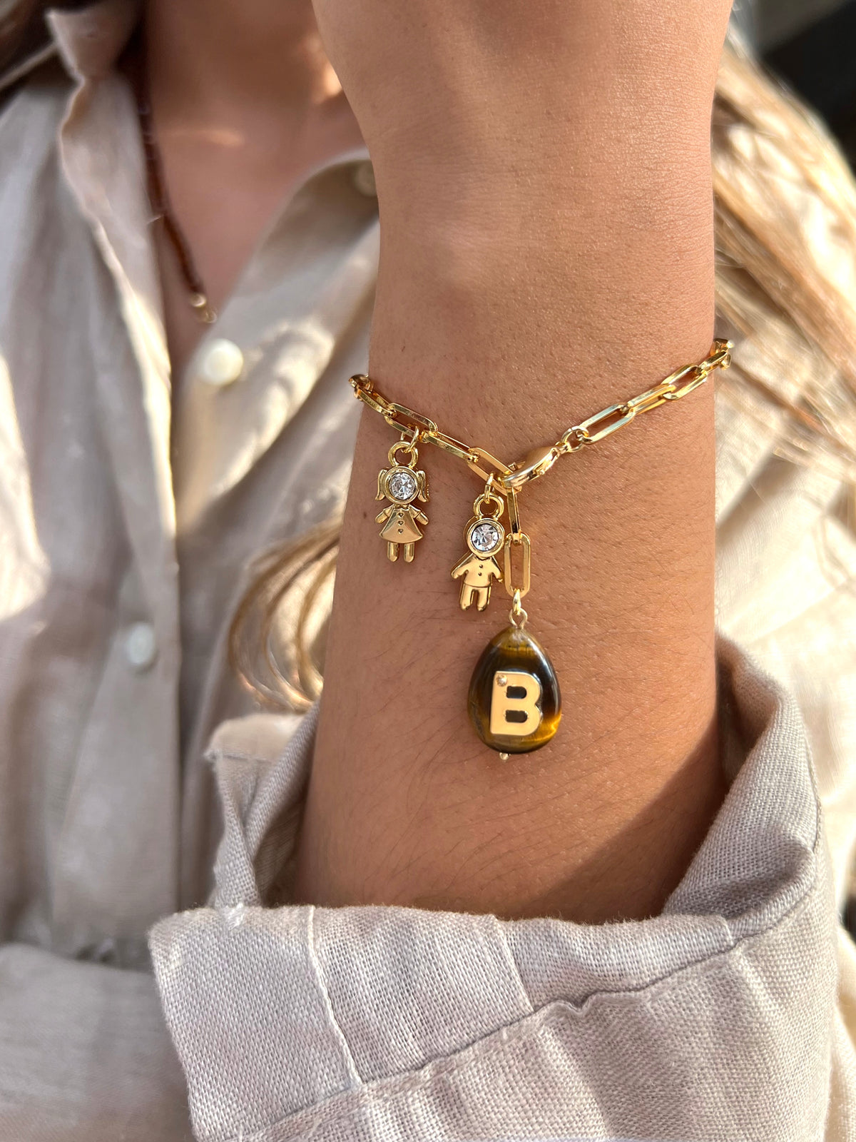 Pulseira Pins Removíveis Pedra Olho De Tigre Com Inicial 19,5cm