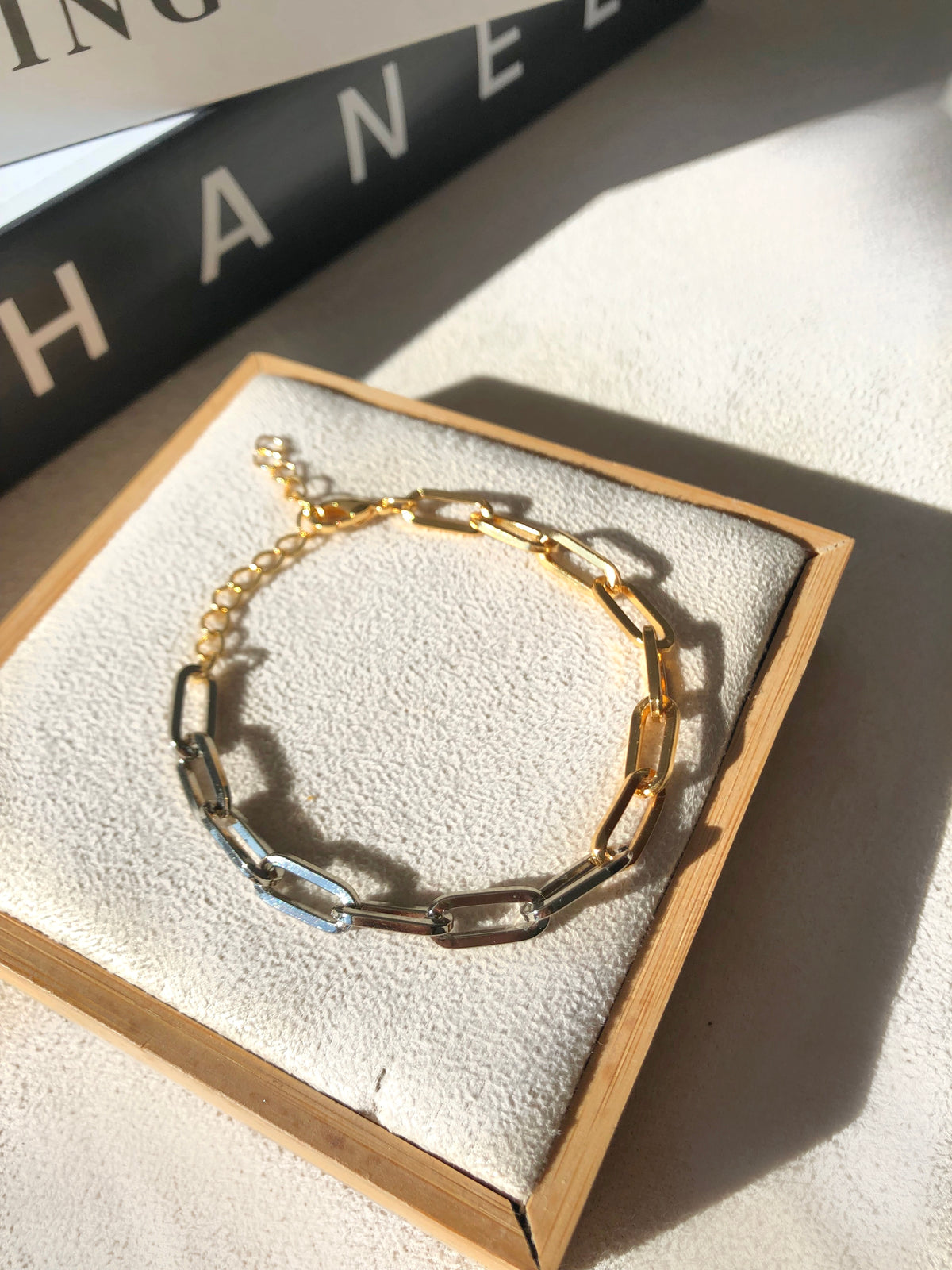 Pulseira Duo Corrente Elos Media Ródio Branco E Ouro 16cm