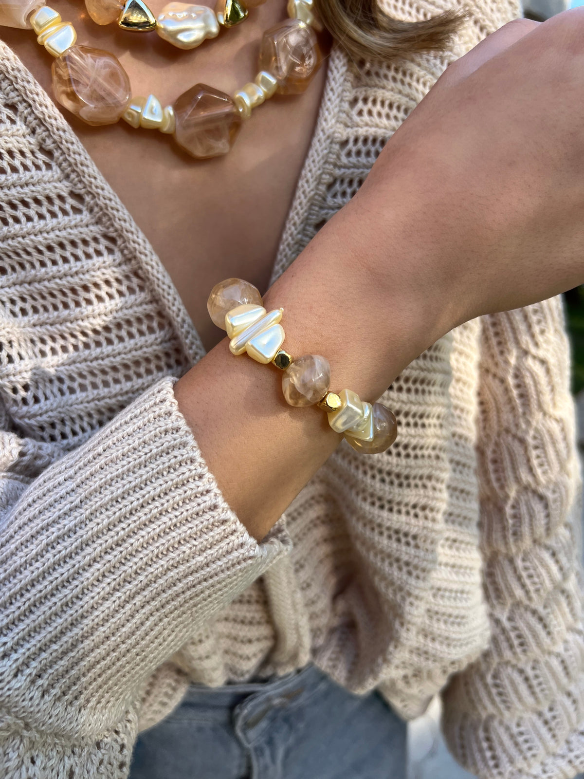 Pulseira Pedras Acrílicas Quartzo Bege e Hematitas 18cm