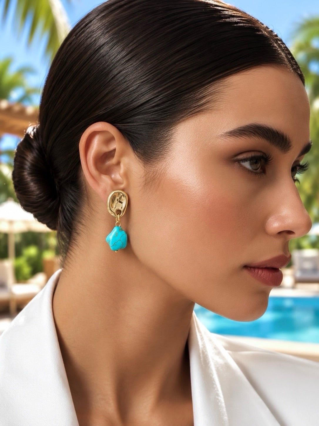 Brinco Gota Banho Ouro e Pedra Turquesa Natural - Tiff Joias