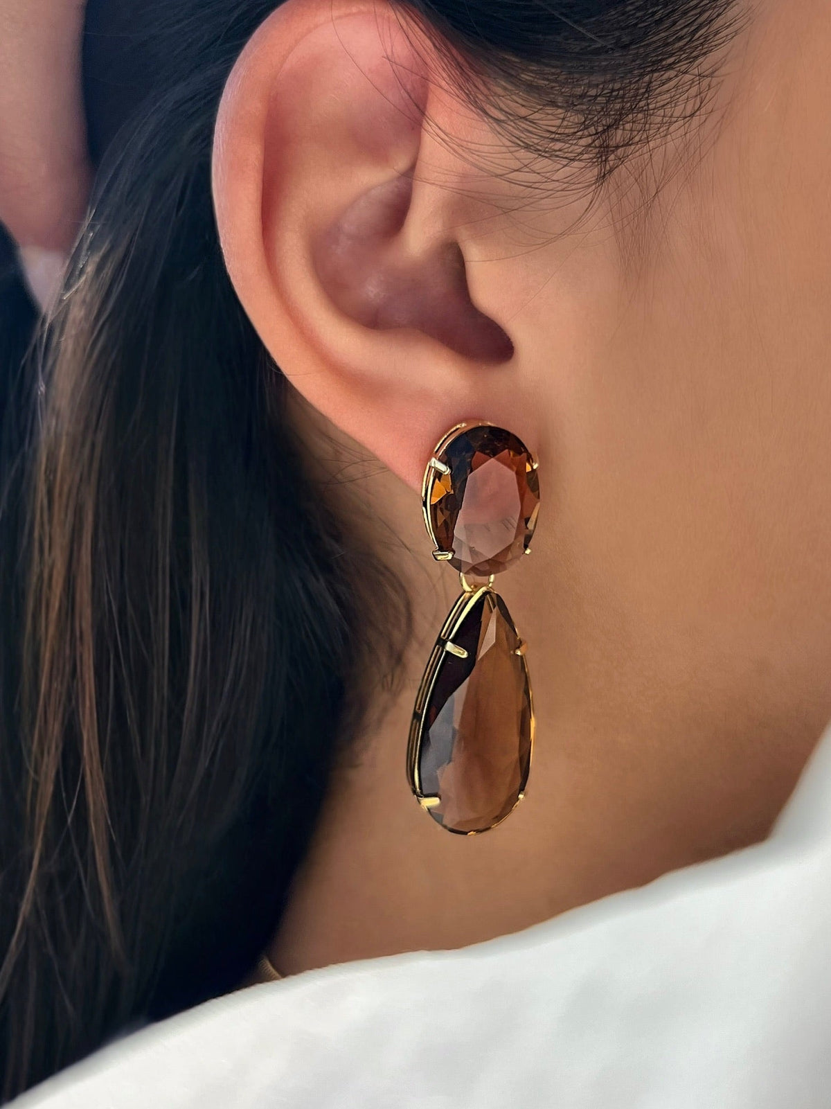 Brinco Oval e Gota Cor Marrom - Tiff Joias