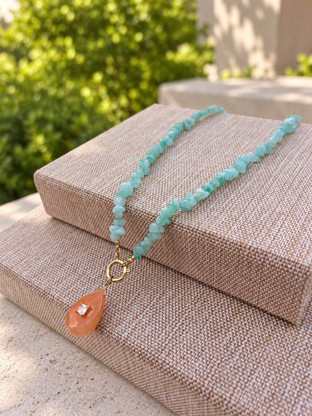 Colar Cascalho Amazonita Com Pedra Jade Laranja e Zircônia 55cm - Tiff Joias