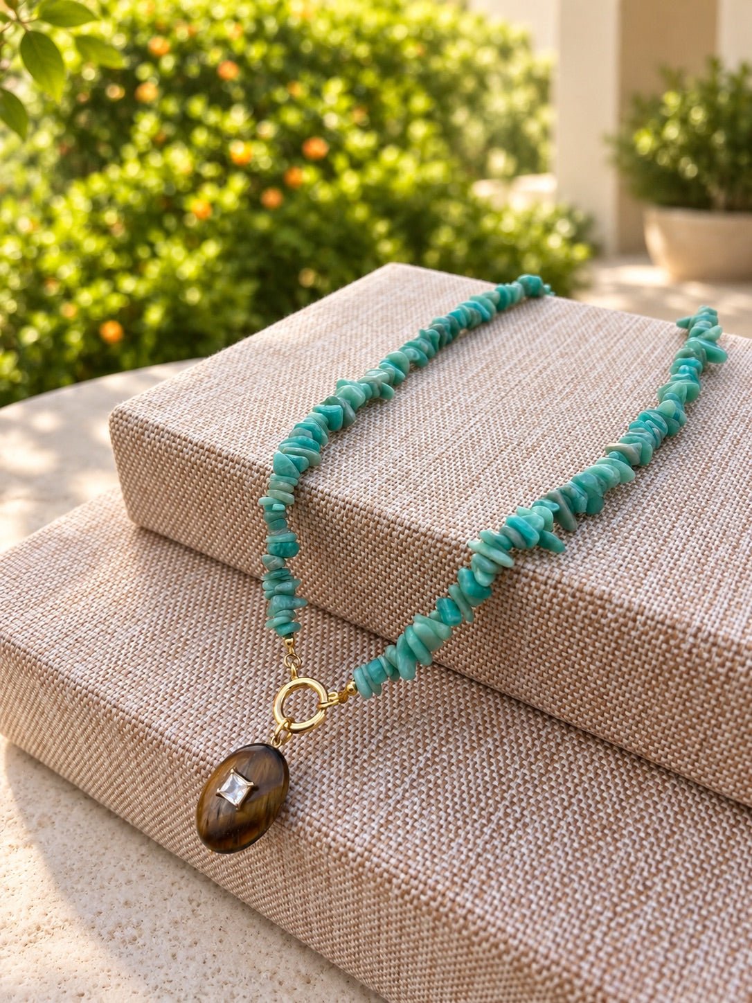 Colar Cascalho Amazonita Com Pedra Olho de Tigre e Zircônia 55cm - Tiff Joias