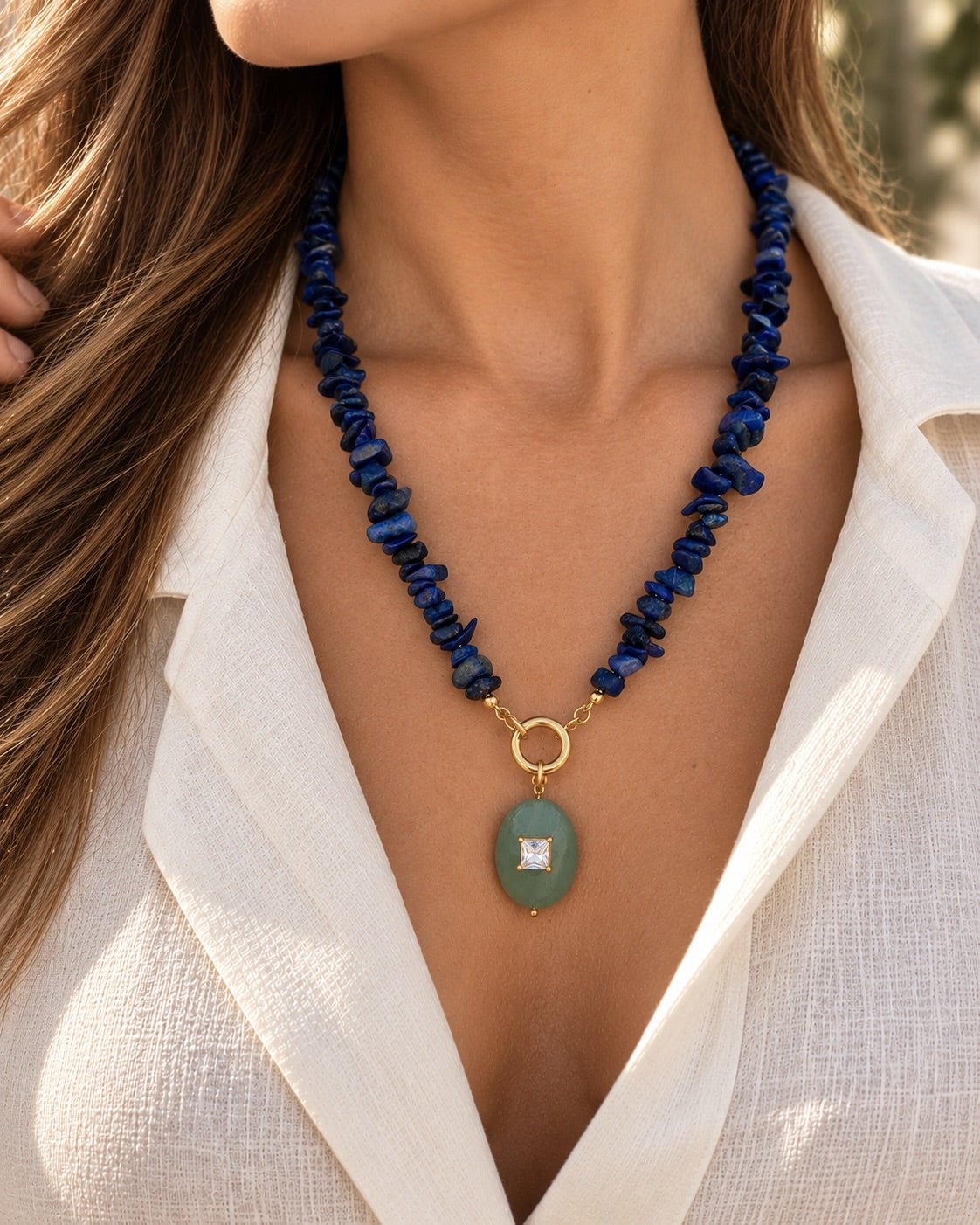 Colar Cascalho Lapis Lazuli Com Pedra Quartzo Verde e Zircônia 55cm - Tiff Joias