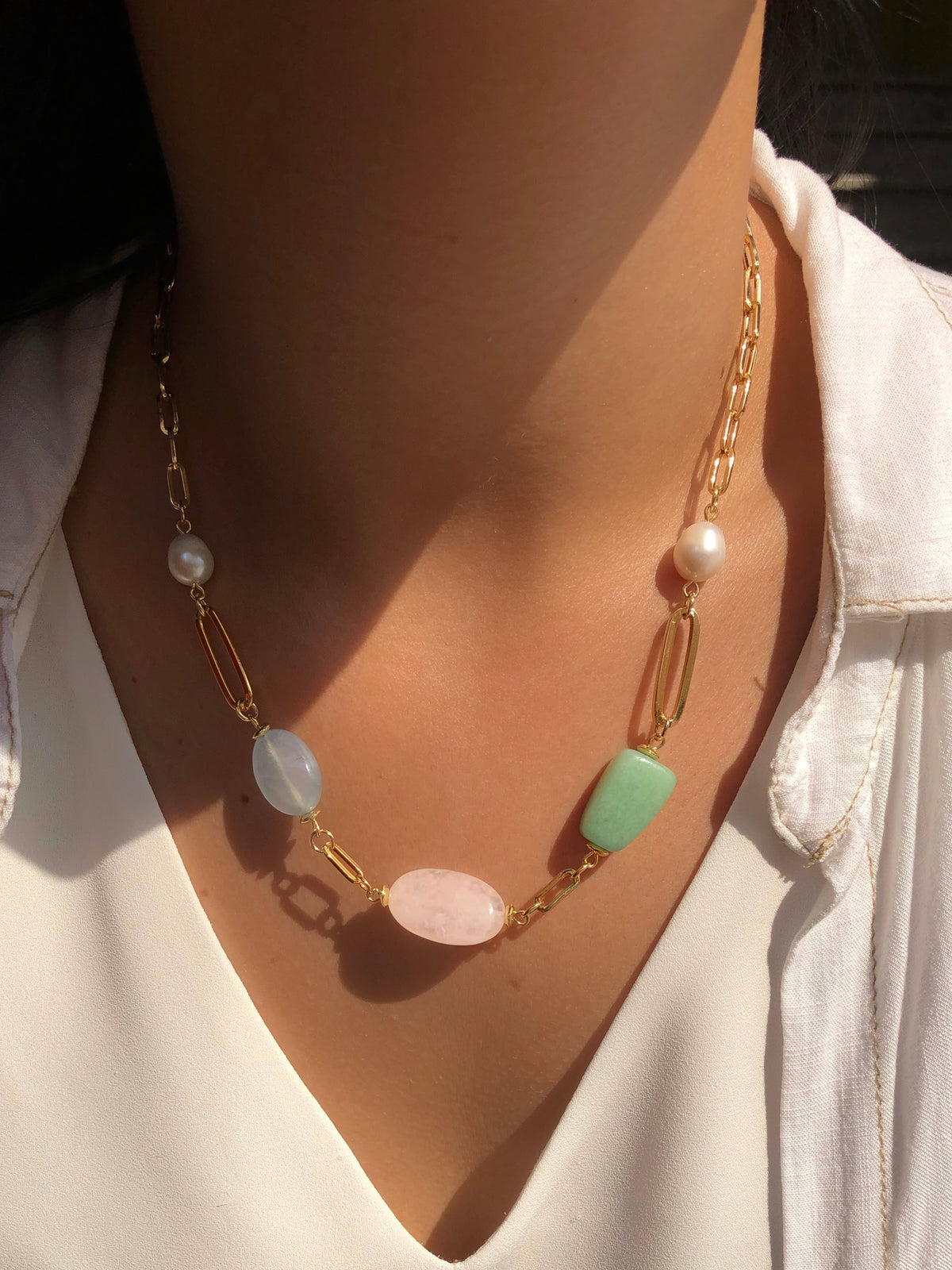 Colar De Pedras Aventurina Verde Quartzo Rosa E Jade Azul 45cm - Tiff Joias
