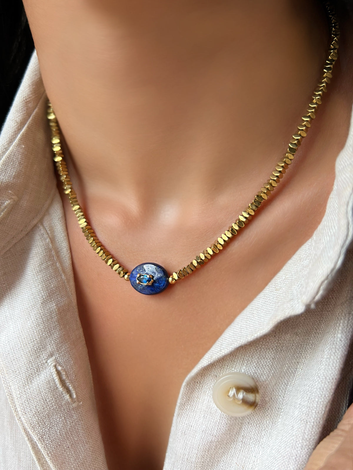 Colar Hematita Com Pedra Natural Lápis Lazuli 40cm - Tiff Joias