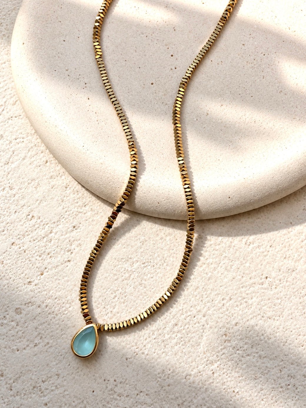Colar Hematitas Cristal Gota Cor Água Marinha Leitoso 75cm - Tiff Joias