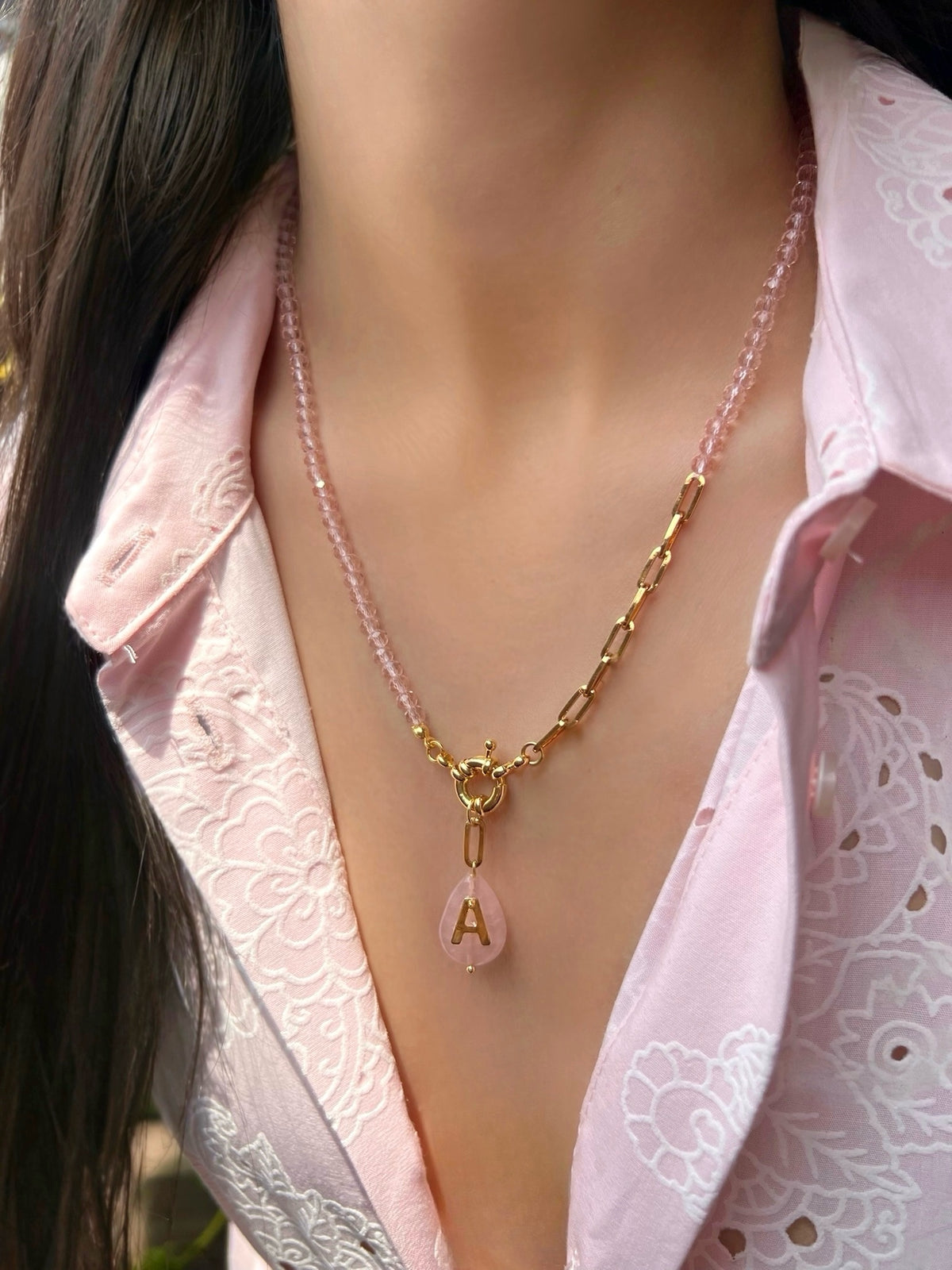 Colar Quartzo Rosa Com Pins Removíveis 50cm