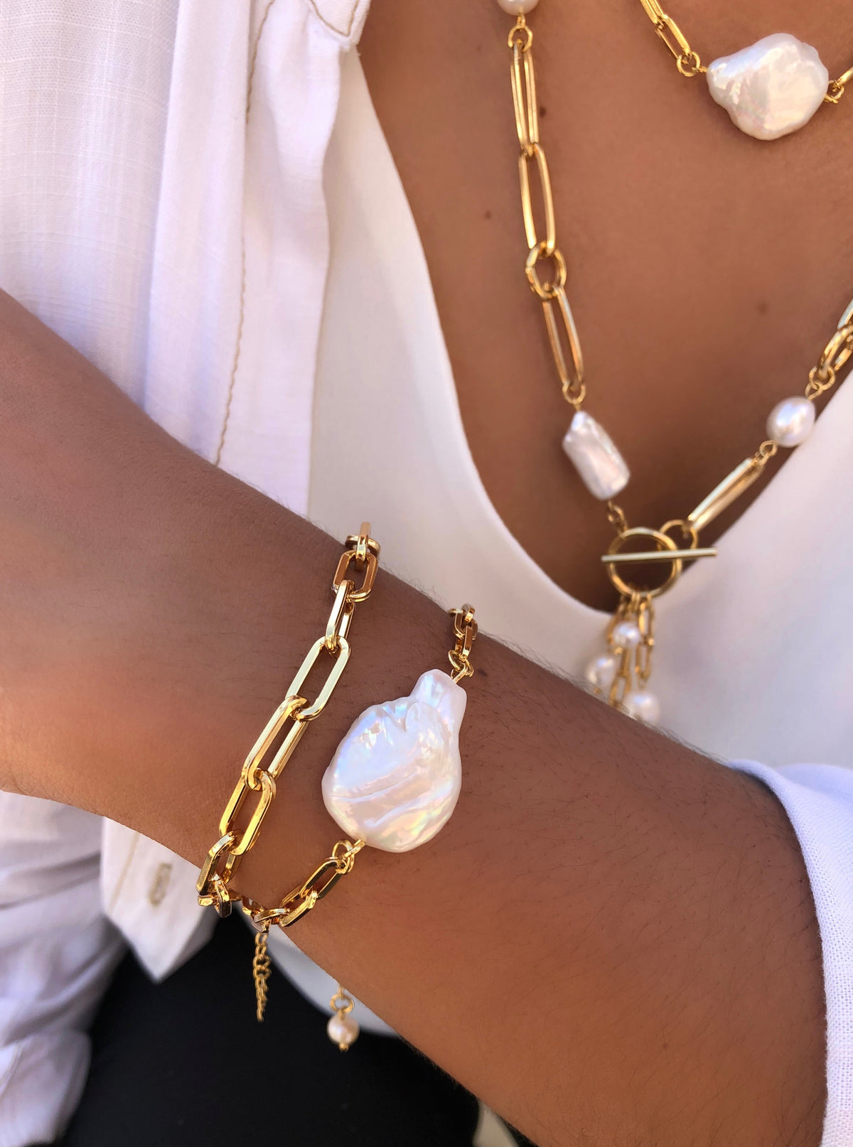 Mix De Pulseiras Elos E Perola Barroca - Tiff Joias