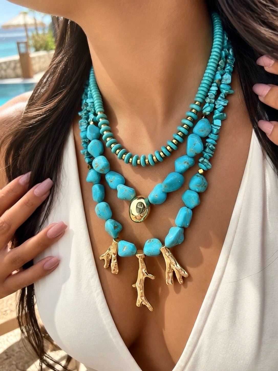 Mix De Três Colares Pedras Turquesa Natural Com Pins Banho Ouro 18k - Tiff Joias