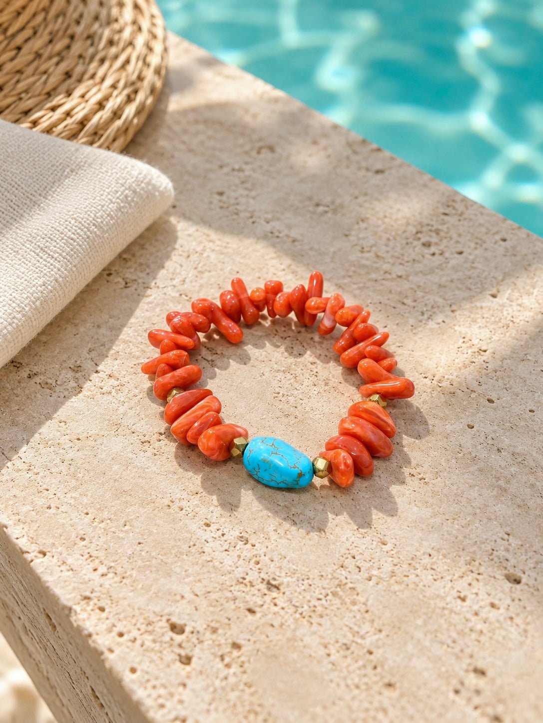 Pulseira Cascalho Acrílico Coral Com Pedra Turquesa Natural - Tiff Joias
