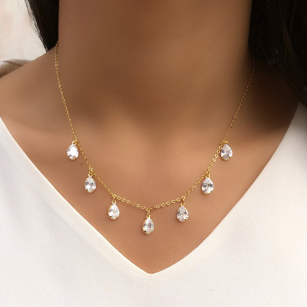 Colar Corrente Com Mini Gotas Zircônias Brancas