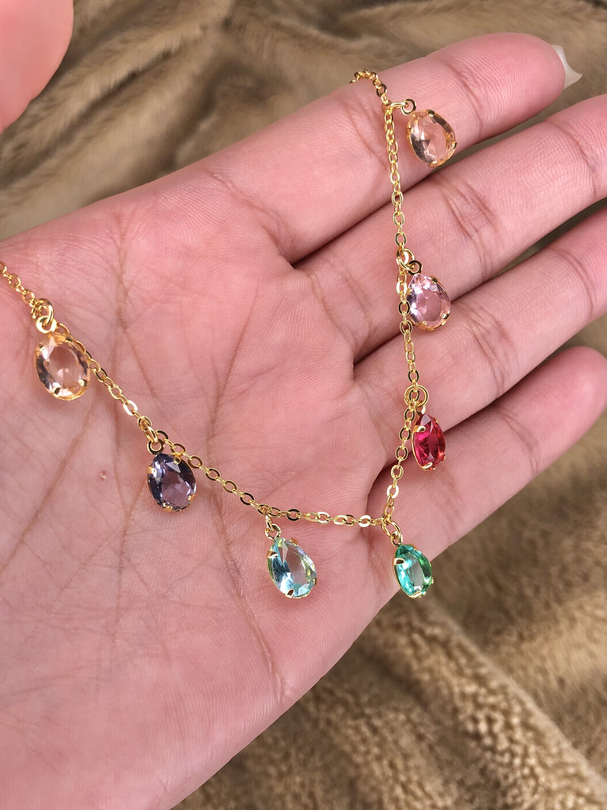 Colar Corrente Com Mini Gotas Cristais Lapidados Coloridos