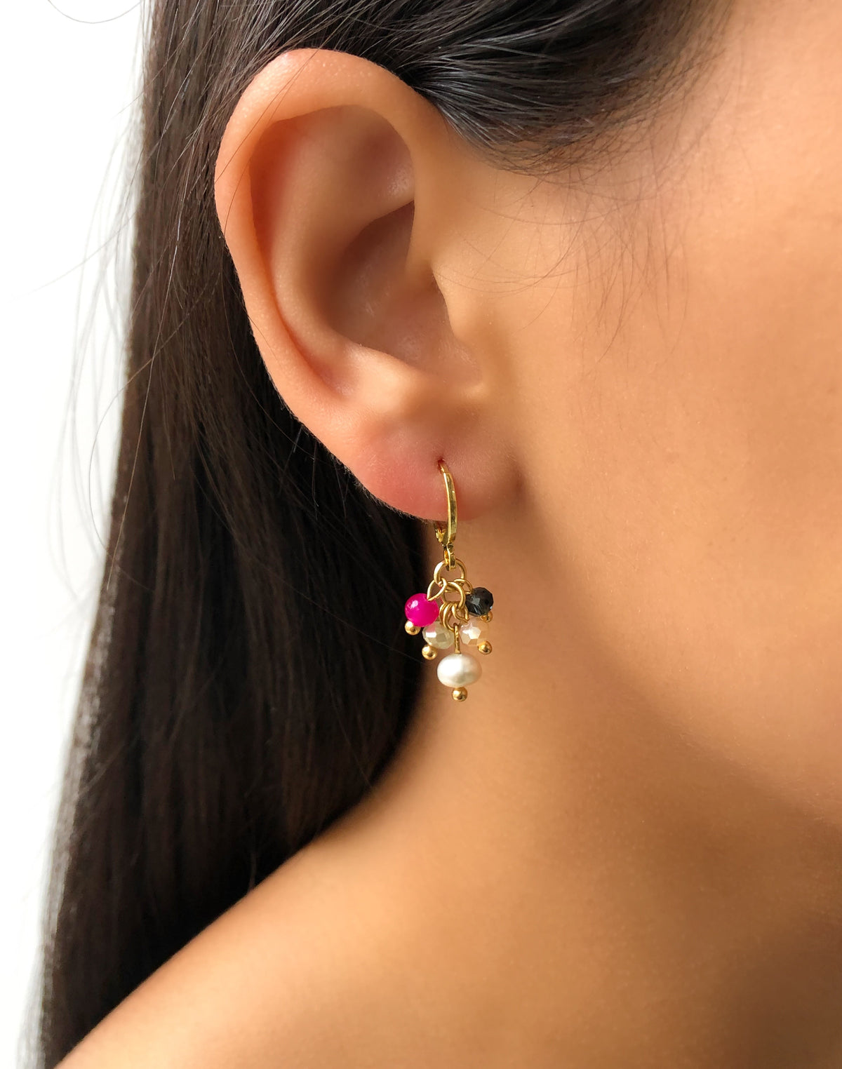 Brinco Argola Cristais Coloridos Com Rosa e Pérola Água Doce - Tiff Joias