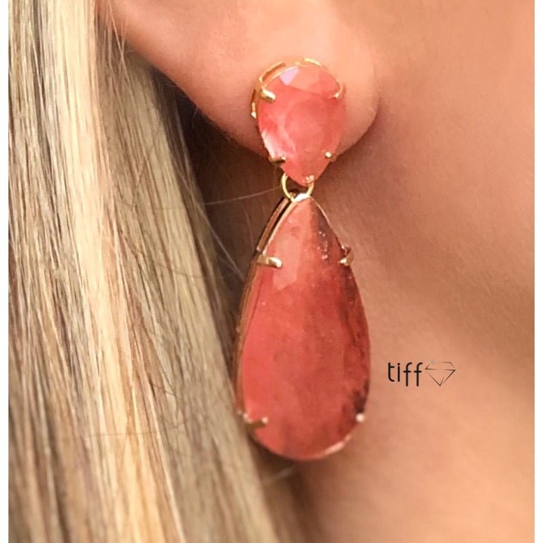 Brinco Gotas Dupla Pedra Fusion Cor Quartzo Cherry - Tiff Joias