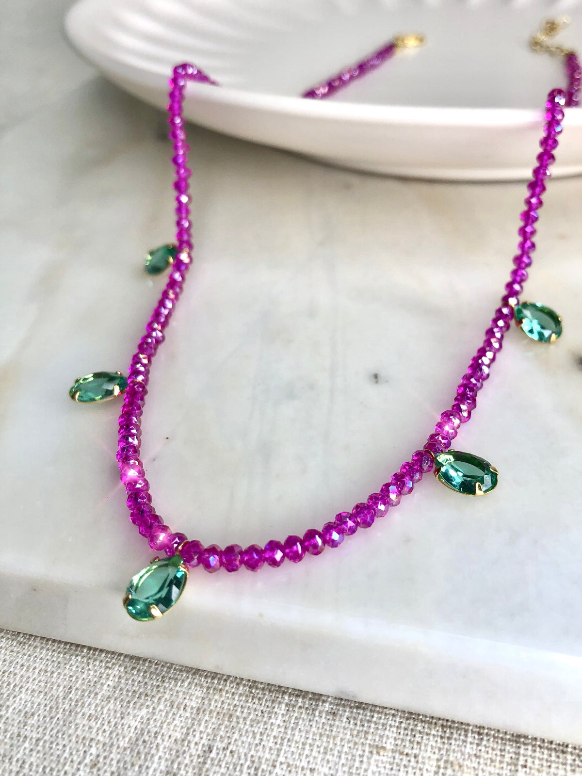 Colar Cristais Cor Pink Com Gotas De Cristais Lapidados Cor Turmalina Paraíba - Tiff Joias
