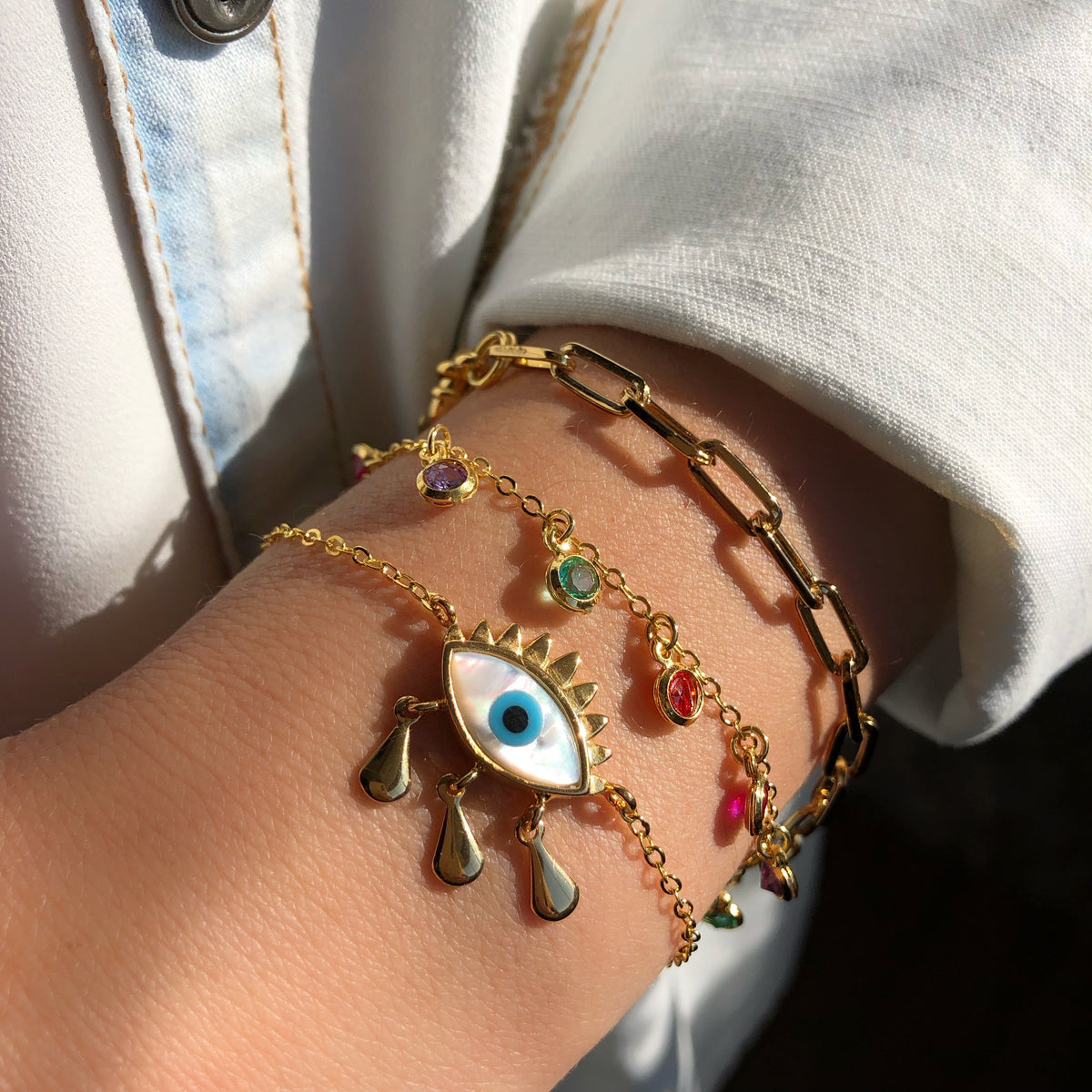 Mix de pulseiras corrente com zirconias coloridas penduradas - Tiff Joias