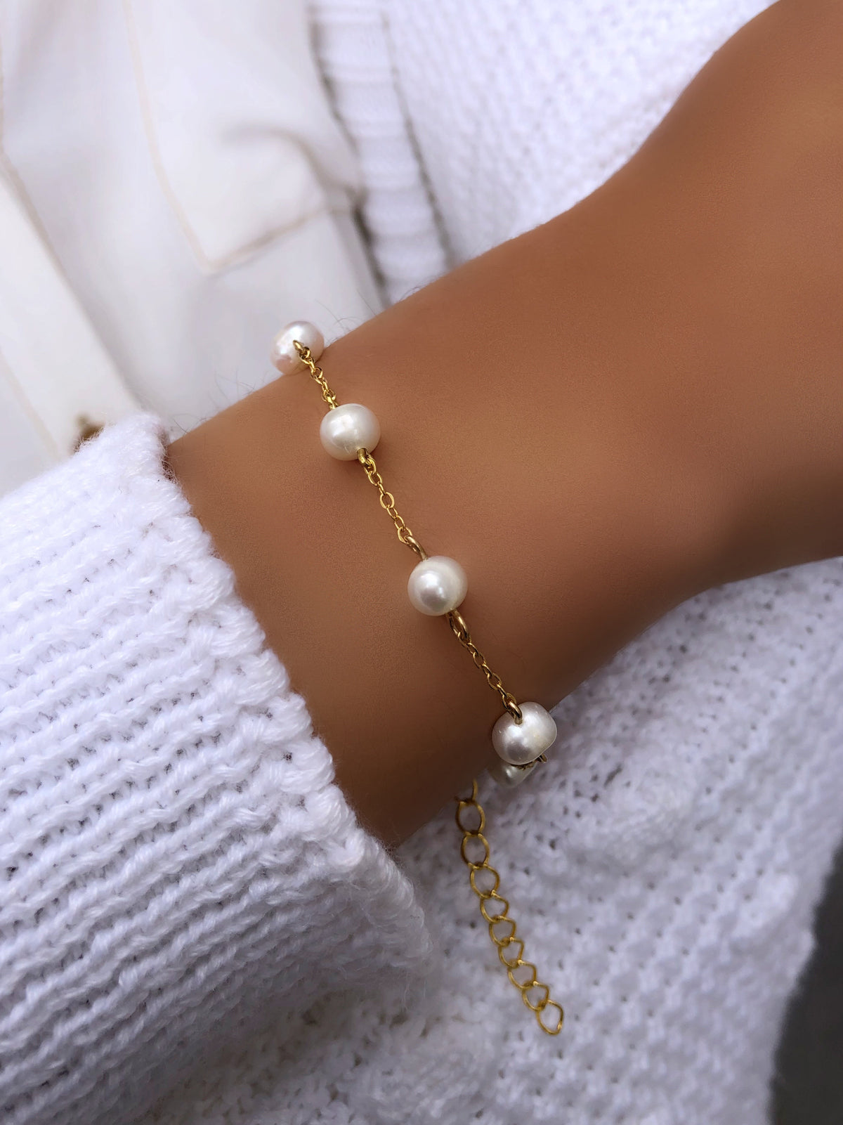 Pulseira Bia Corrente Com 7 Pérolas 16cm - Tiff Joias