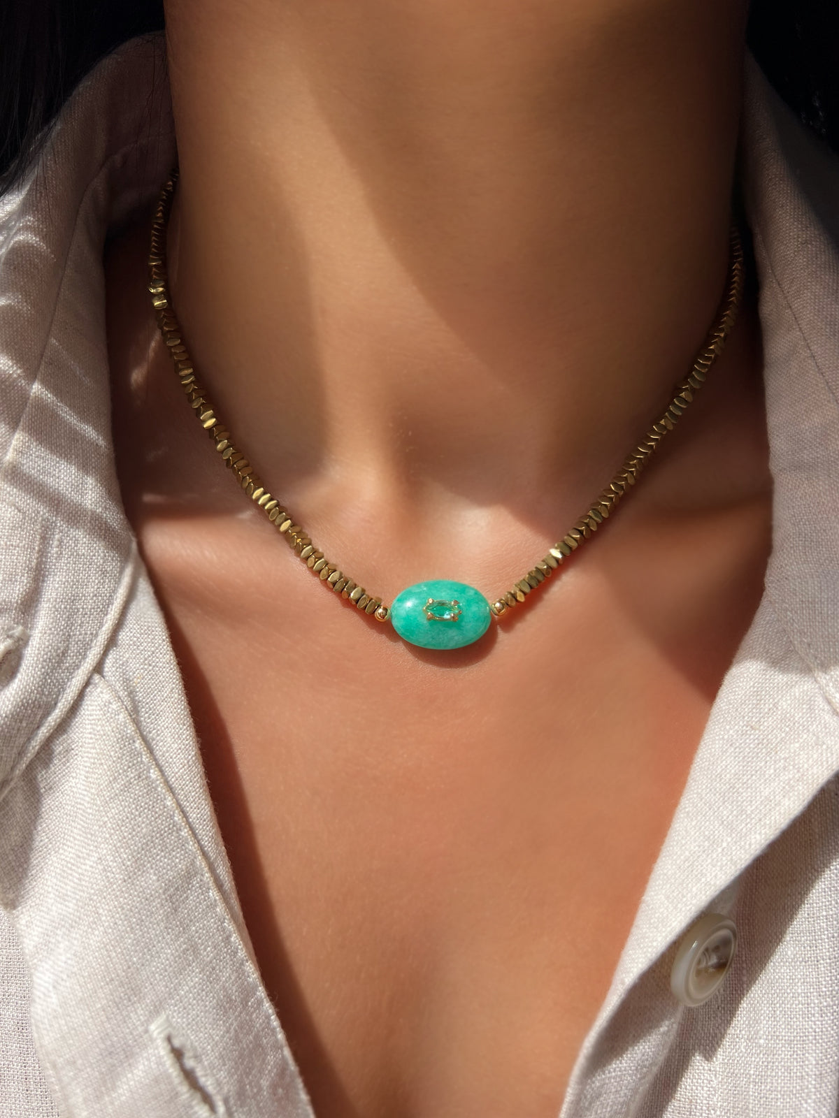 Colar Hematita Com Pedra Natural Amazonita 40cm