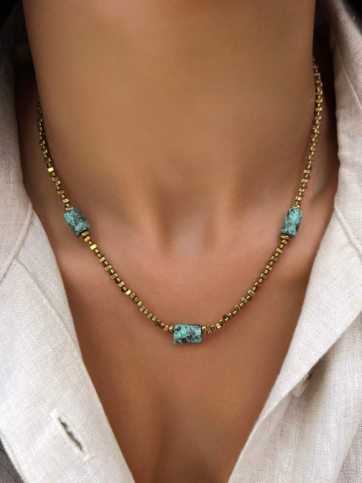 Colar Hematita Com 3 Pedras Turquesa Africana Naturais 42cm