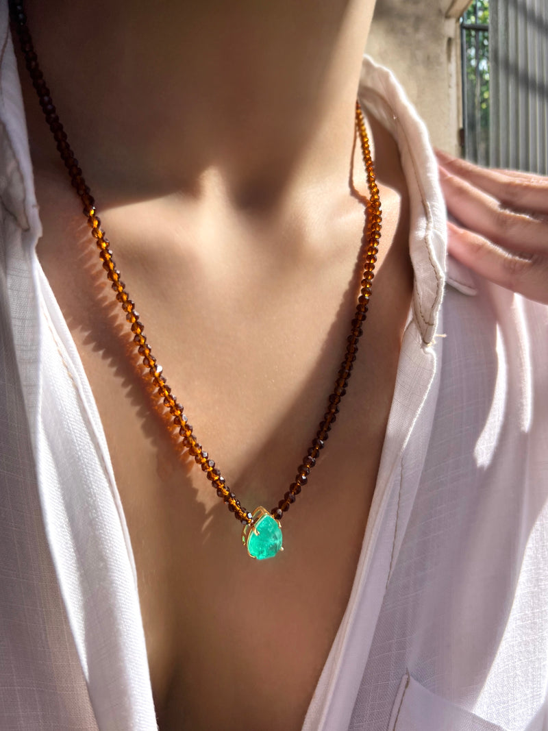 Colar Cristais Marrom Com Pedra Gota Paraíba Fusion 55cm