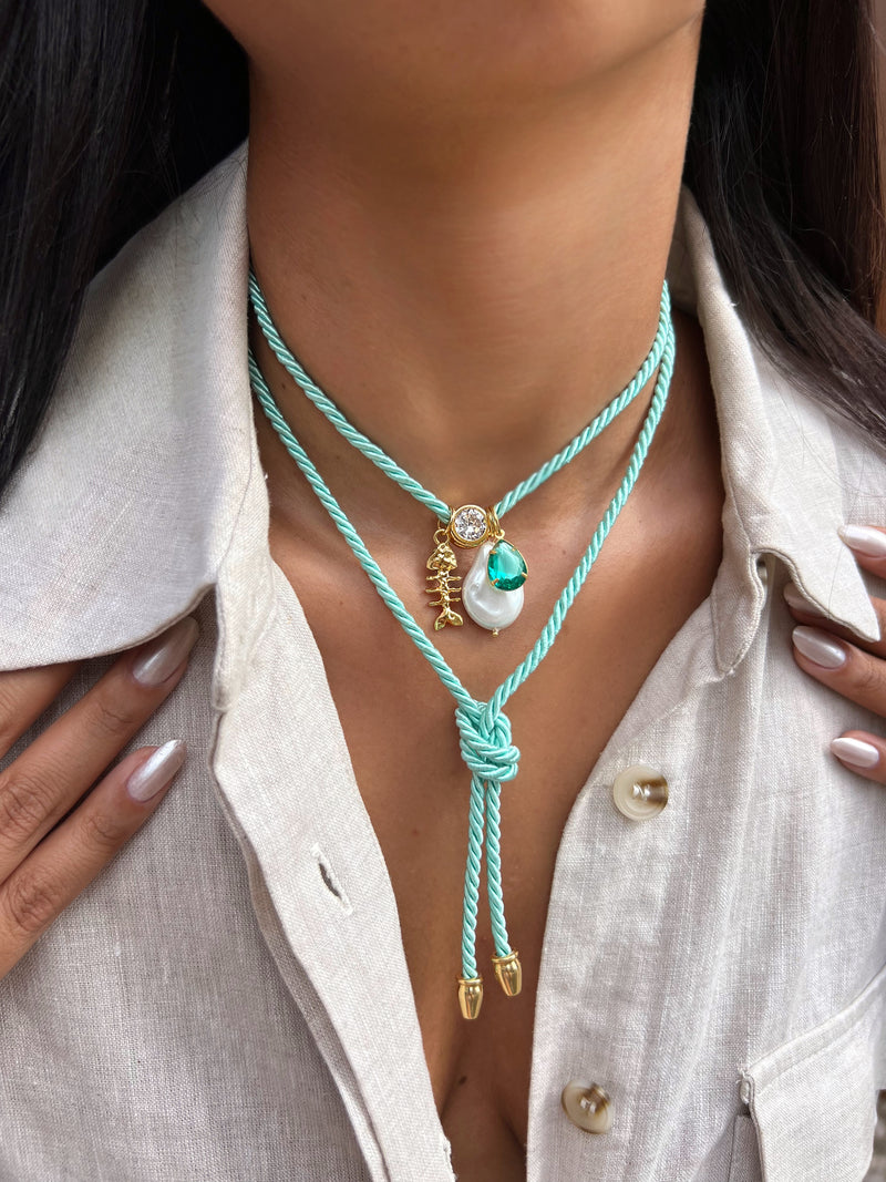 Colar Cordão Longo Cor Verde Água