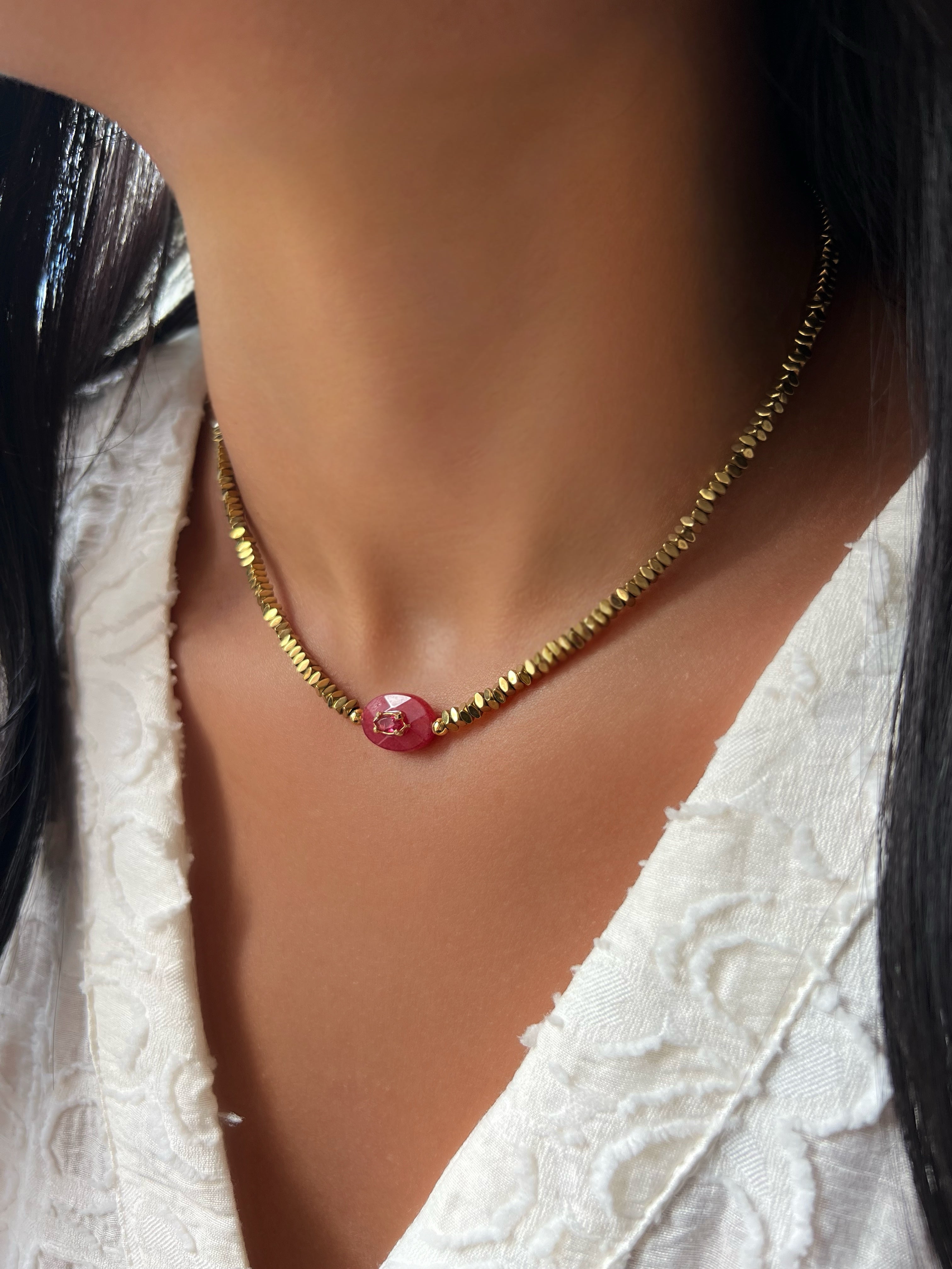 Colar Hematita Com Pedra Natural Jade Rubi 40cm