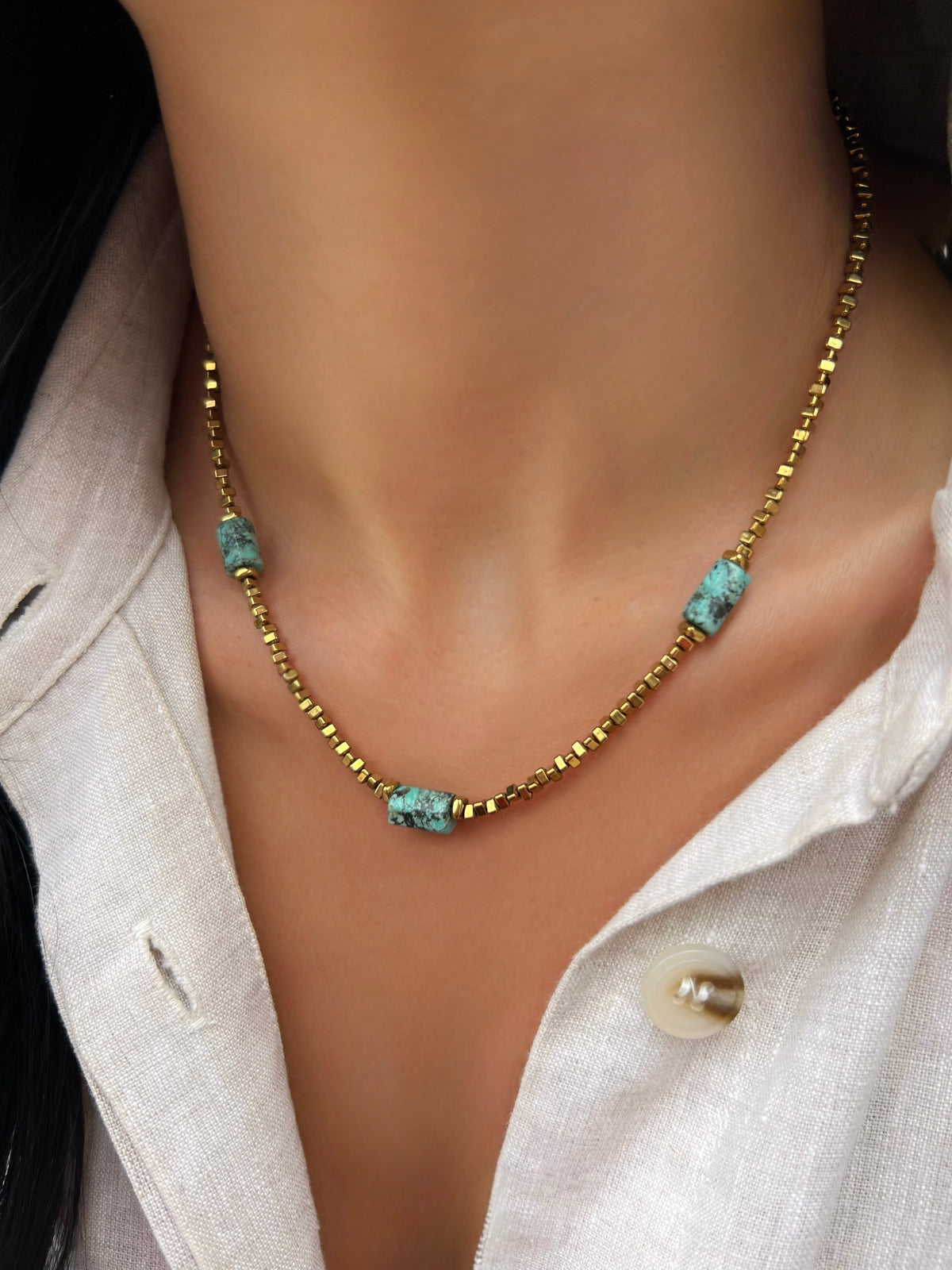 Colar Hematita Com 3 Pedras Turquesa Africana Naturais 42cm