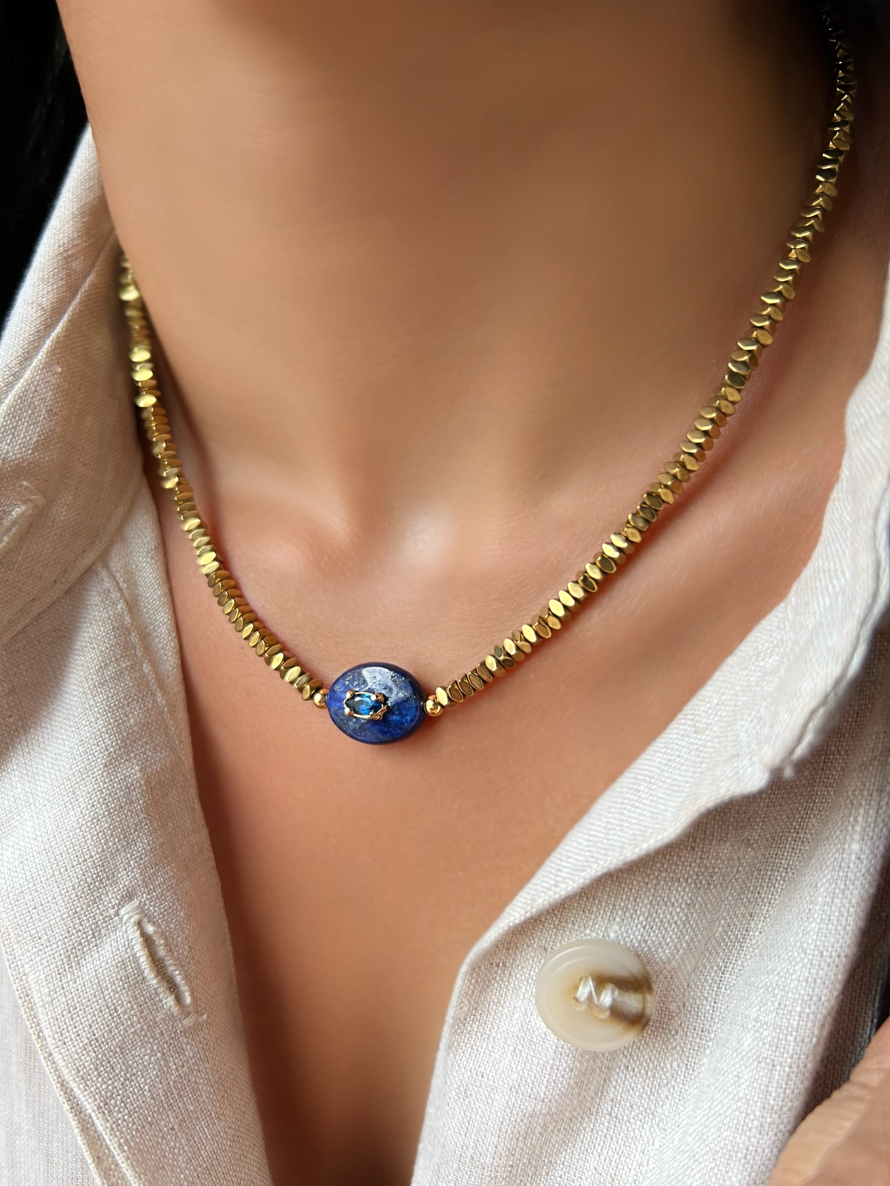 Colar Hematita Com Pedra Natural Lápis Lazuli 40cm